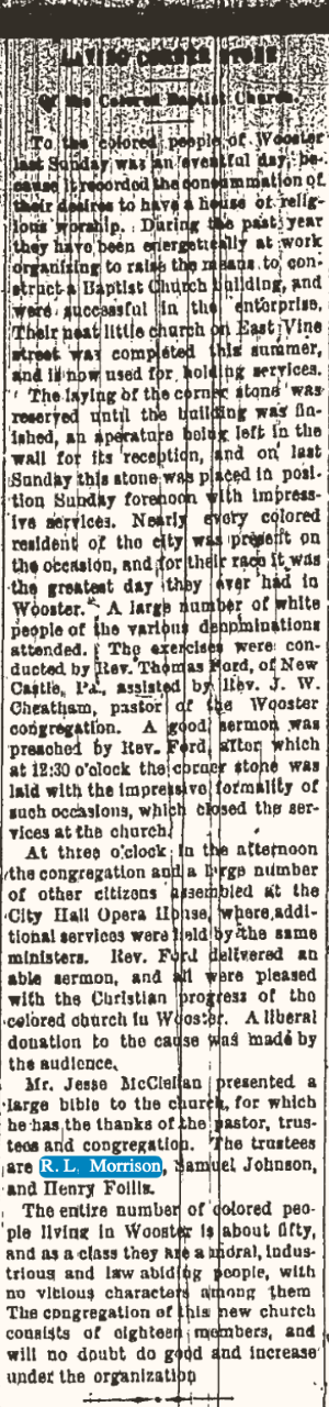 1892 - 2nd Baptist church of Wooster complete. Head Foreman & Trustee - James Henry Follis. Organized financial plan - Benjamin Follis. - Wayne County Democrat