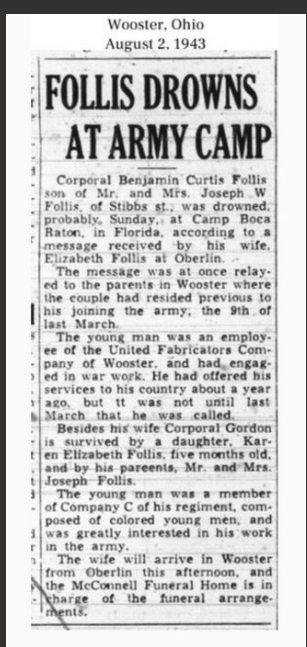 1943 - Benjamin Curtis Follis dies in a drowning incident during an Army exercise.
