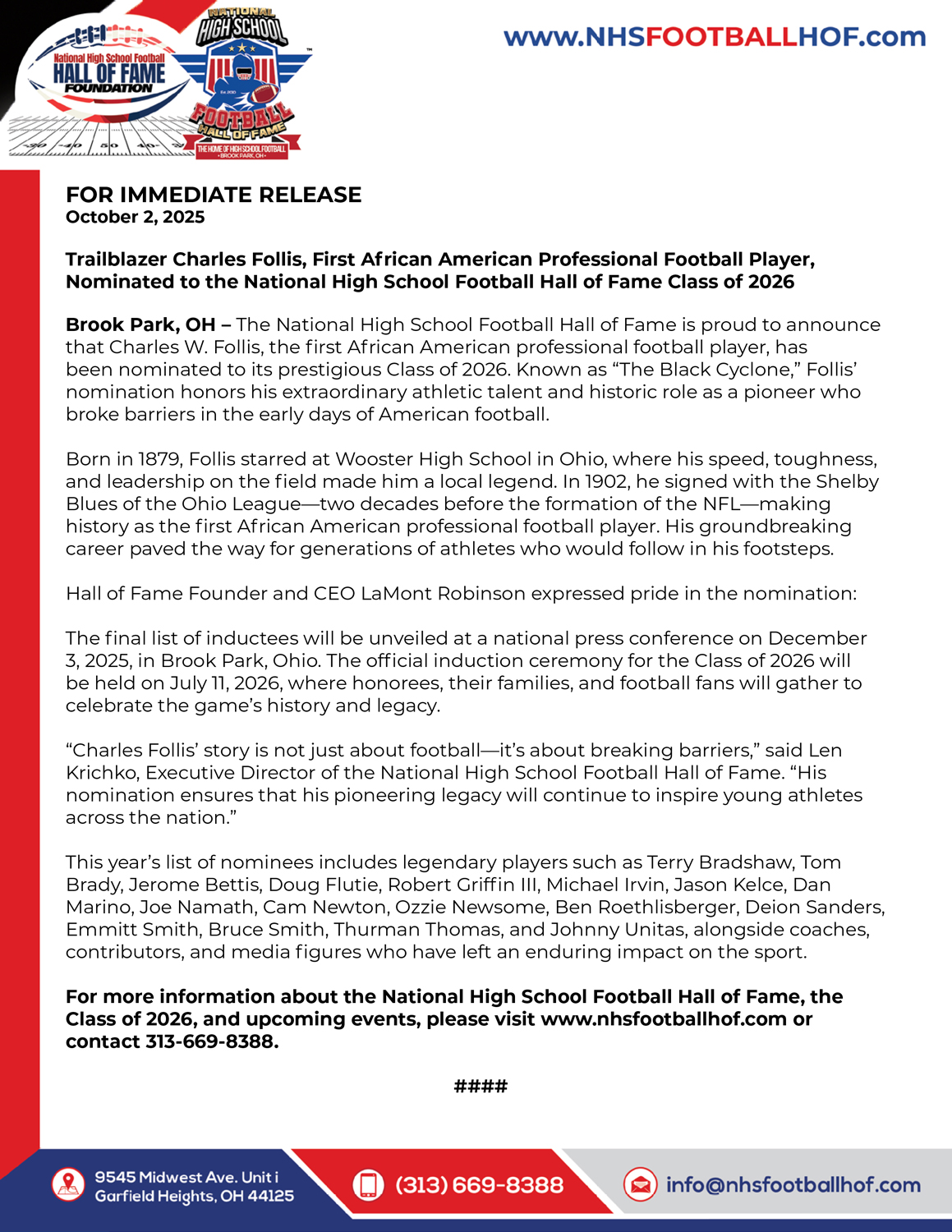 NHSFHOF Charles Follis Press Release